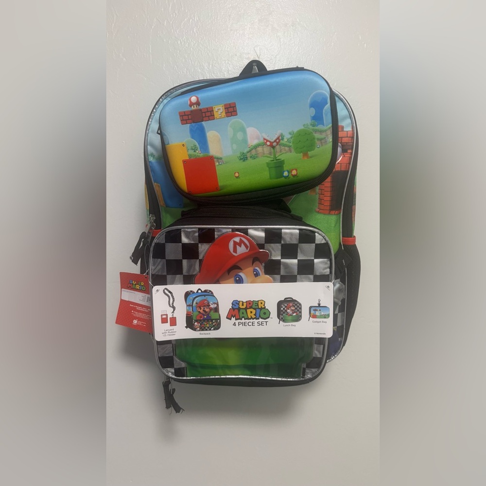 Nintendo Mario Kids Backpack 4 Pieces Set - Blue and Green